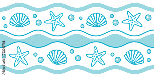 Seamless repeating pattern of turquoise ocean waves seashells and starfishes for summer beach designs