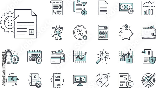Finance and business icon set with money, tax, investment, wallet, calculator, graphs, charts, and financial management symbols.