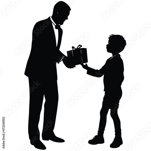 Silhouette of a father in a tuxedo giving a gift to his son present