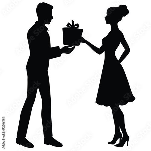 Silhouette of a man giving a gift box to a woman, both in formal attire couple