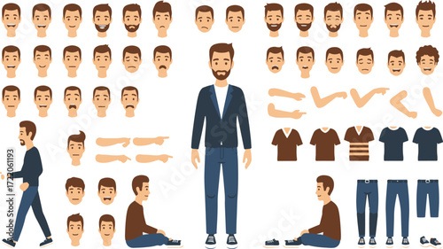 Animated male character creator kit with faces, poses, outfits, hairstyles, and gestures for cartoon avatar design and customization.
