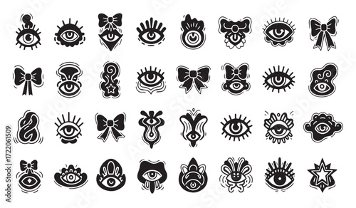Mystical Eye Icons Set | Vintage Esoteric Symbols | Magical Illustrations of Eyes, Bows, Stars & Abstract Occult Tattoo Designs