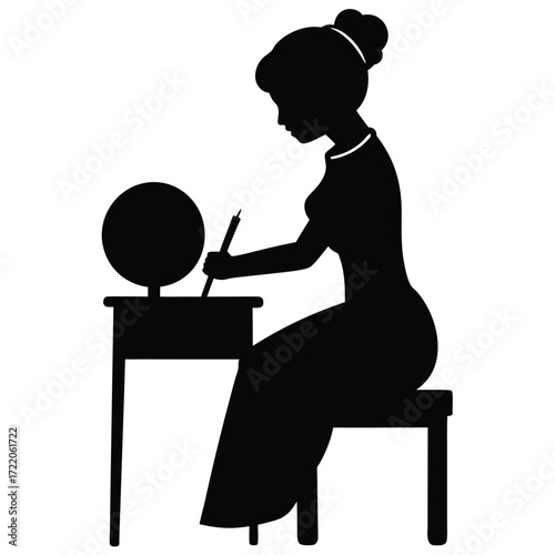Silhouette of a woman in a dress applying makeup at a vanity table female