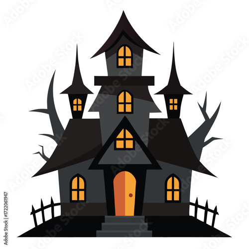 Horror House Silhouette on White Background | Halloween Special Illustration
