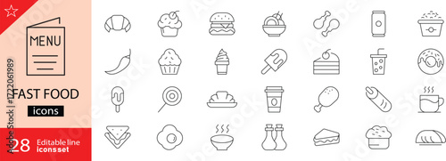 Fast Food Icons Set. Including burgers, pizza, fries, hot dogs, sandwiches, soda, ice cream, and more. Editable stroke. Vector illustration. Outline icons. Perfect for food delivery apps. 