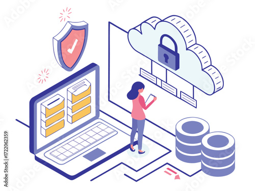 Cloud Security and Data Protection Illustration Featuring Woman Laptop Cloud Shield and Servers Secure Data Management Concepts