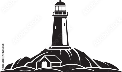 Silhouette of a lighthouse on a rocky island with waves Keywords: lighthouse, silhouette, beacon, maritime, navigation, coast, sea
