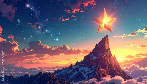 Mountain peak with golden star at sunrise