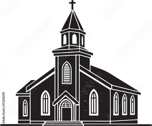Black Silhouette of a Traditional Church Building with Steeple and Cross Keywords: church, building, architecture, steeple, cross