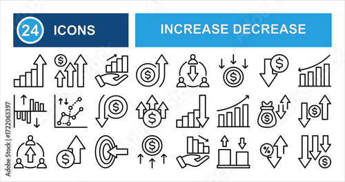 Minimalist increase decrease line icon set with editable stroke, featuring profit, graph, chart, arrow up, growth, economic statistics, increase, decrease, growth, and fall in clean thin linear style.