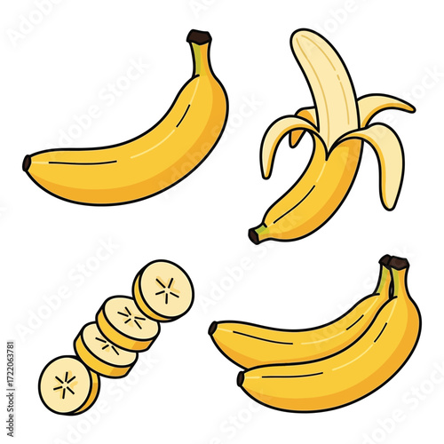 Four yellow bananas one peeled bunch sliced fruit collection isolated on white for food and healthy eating