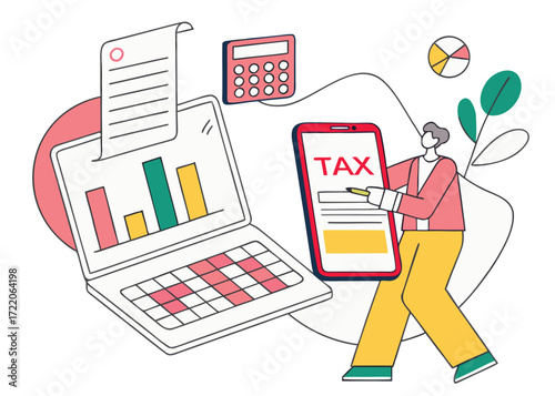 Filing Taxes Online Illustration with Laptop Smartphone Calculator and Financial Data Representation for Tax Season