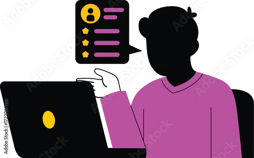Person interacting with a laptop and a profile card