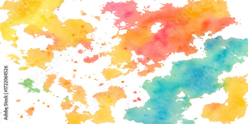 Abstract watercolor splashes with colorful paint and ink splatter texture on a paper background