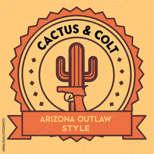 Retro western brand logo with stylized cactus and colt revolver arizona outlaw style