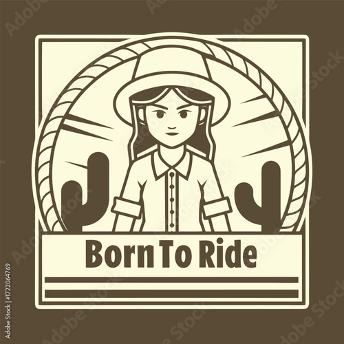 Vintage style cowgirl silhouette facing forward with lasso and cacti born to ride