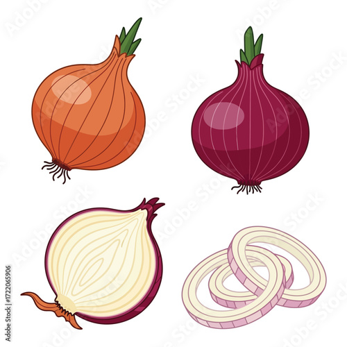 Fresh ripe onions whole halved and sliced food ingredient produce