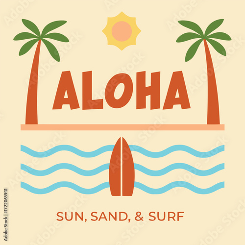 Vibrant tropical aloha design with palm trees sun sand and surf on a light yellow background