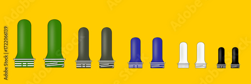 Different sizes of PET Preform with alaska and PCO neck isolated on a yellow background