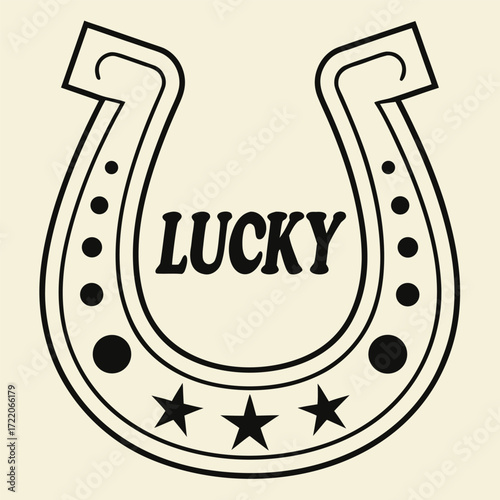 Classic horseshoe graphic featuring lucky text and star embellishments for good fortune