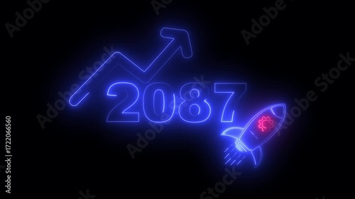 Wallpaper Mural Blue neon 2087 year with upward arrow graph and rocket ship icon on black background new year Torontodigital.ca
