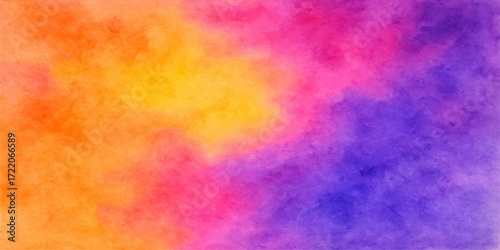 Abstract colorful watercolor texture with orange and yellow paint splashes creating a vibrant smoky cloud pattern on a grunge backdrop