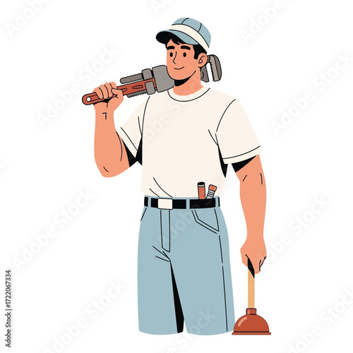 Skilled tradesman carrying tools ready for plumbing repair work and home improvement projects