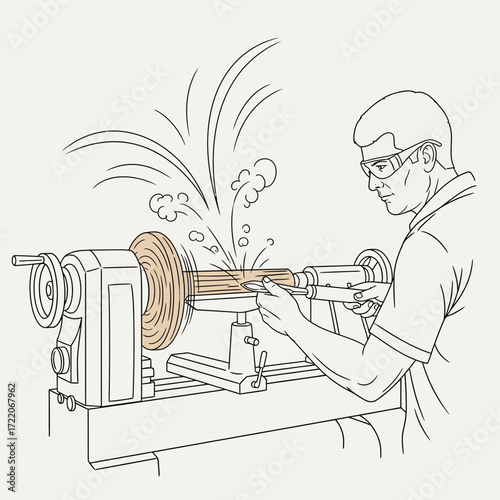 Skilled craftsman shaping wood with lathe, focused on detail, sparks flying, creating art with precision, safety first, woodworking passion project