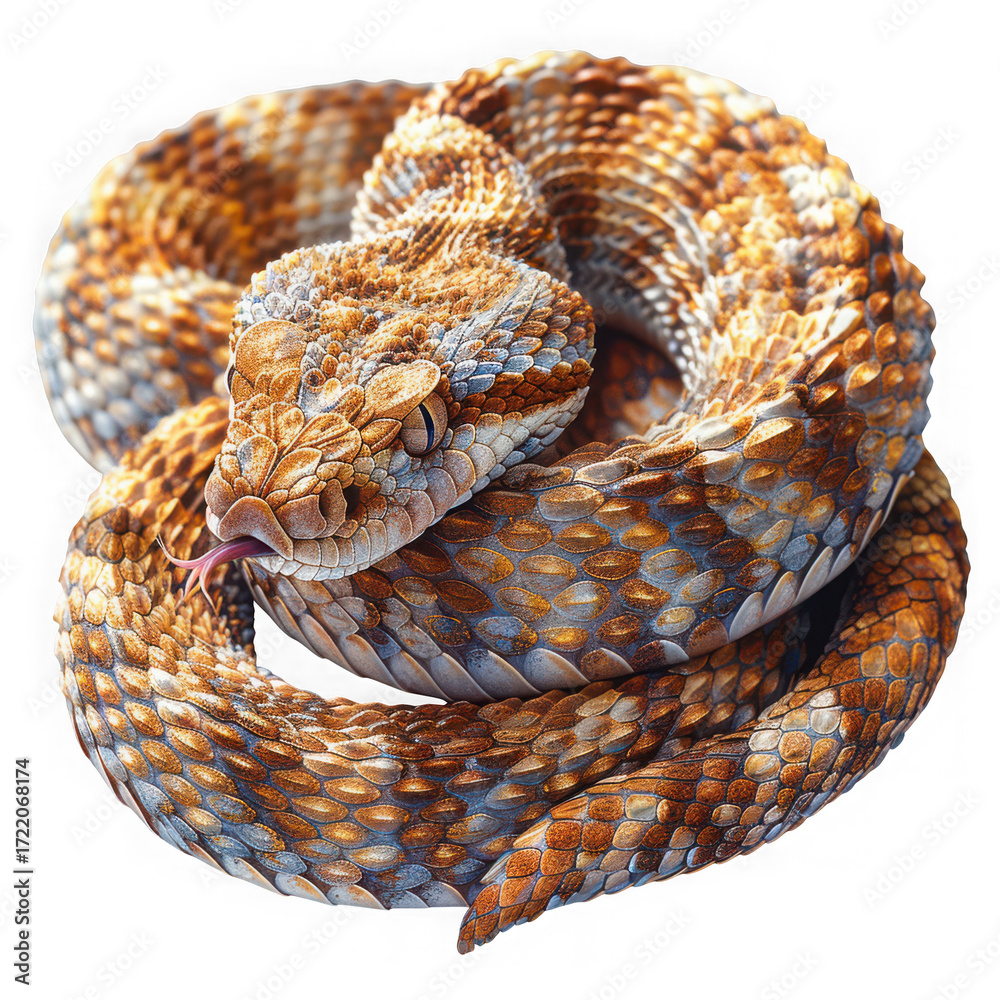 Naklejka premium A coiled viper snake with its tongue flicking, isolated on transparent background