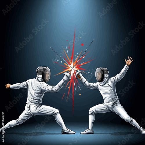 Dynamic fencing duel with sparks flying, perfect for illustrating competition, sportsmanship, or strategic challenges in business and personal growth