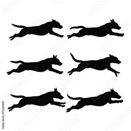 Set of six black silhouettes of dogs running in dynamic poses