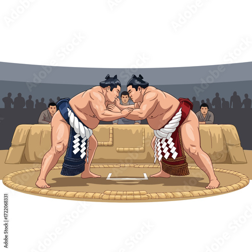 Powerful sumo wrestlers face off during a traditional match, showcasing strength and cultural heritage in Japan with an audience watching the intense bout