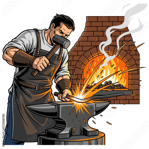 Powerful blacksmith forging red-hot metal on anvil with hammer near fiery furnace, creating sparks in workshop during intense labor and craftsmanship