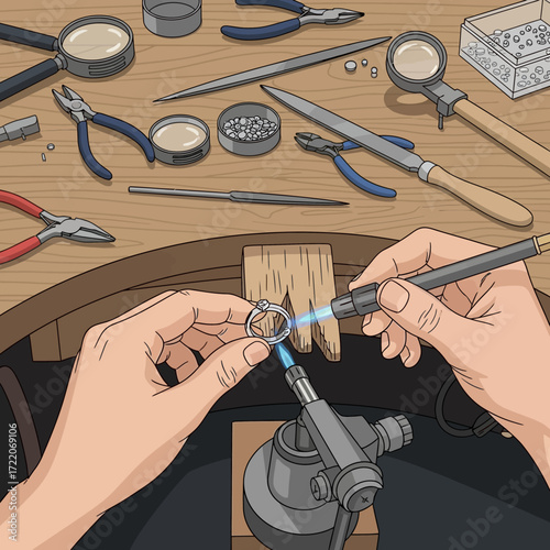 Crafting a stunning silver ring with precision tools and focused flame, a jewelry maker's passion for creating elegant wearable art shines through