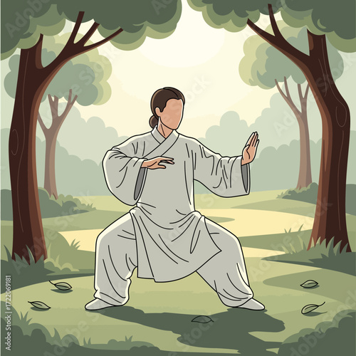 Find inner peace with Tai Chi practice, a serene figure in flowing robes moves gracefully amidst nature's tranquility, promoting wellness and balance