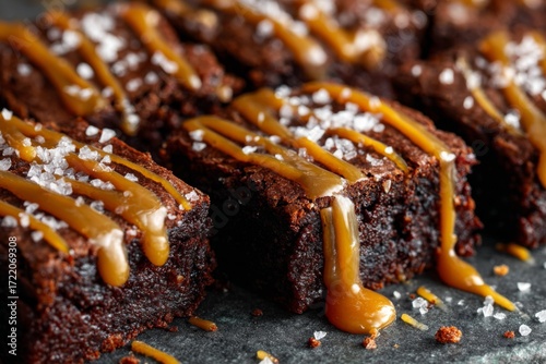 Decadent chocolate brownies topped with golden caramel sauce and crunchy sea salt flakes