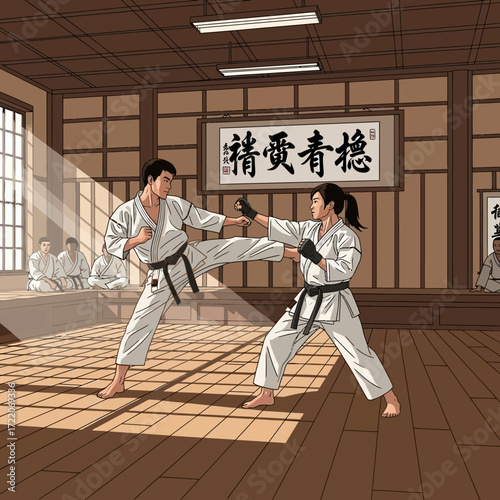 Dynamic martial arts class showcasing powerful karate moves, inspiring self-defense and fitness goals in traditional dojo setting