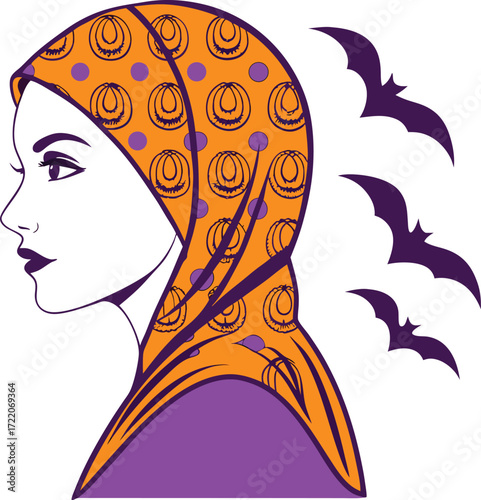 Vector art of halloween hijab with pumpkin and bat pattern, profile of a woman wearing a hijab