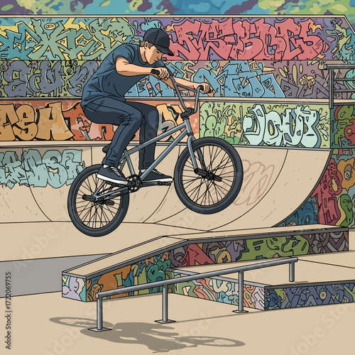 Dynamic BMX rider performing stunts in colorful skatepark illustration, perfect for action sports branding and youth marketing campaigns, energy and skill