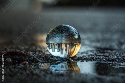 Clear sphere reflecting inverted city skyline on dark textured wet urban ground