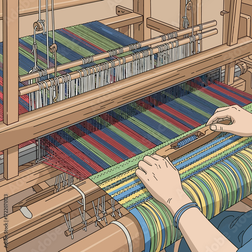 Artisan weaving colorful textile on traditional loom, crafting vibrant fabric with care for fashion, home decor, or unique artistic expression