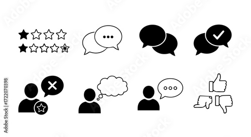 A comprehensive set of monochrome icons representing user feedback, communication, star ratings, and online reviews for web and app design