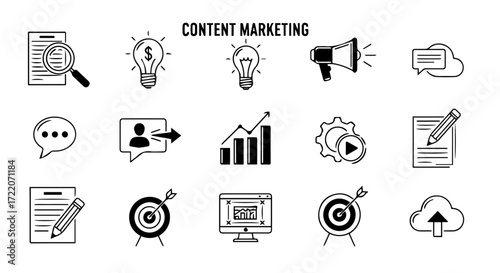 A collection of linear icons representing digital strategy and online promotion concepts for business growth and audience engagement