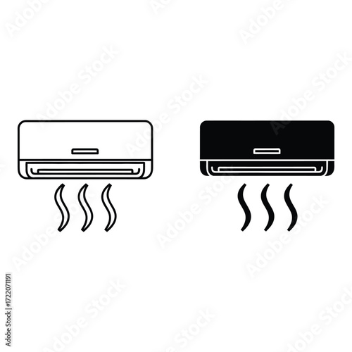 Modern air conditioner icons showing cool air flow simple line and solid styles