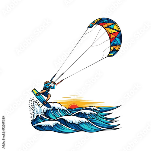 Experience the Thrill of Kitesurfing with a Colorful Kite Above the Waves at Sunset, Ideal for Adventure and Water Sports Enthusiasts