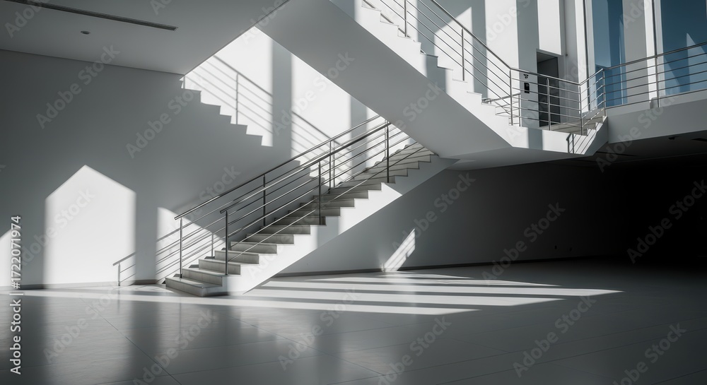 Obraz premium Modern architectural design with sunlit staircase and minimalist interior
