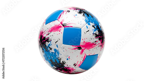 Isolated soccer ball with colorful paint splashes for sports equipment and recreational activity use case on transparent background