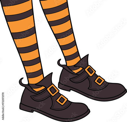 Vector art of witchs legs wearing striped orange and black socks and buckled shoes
