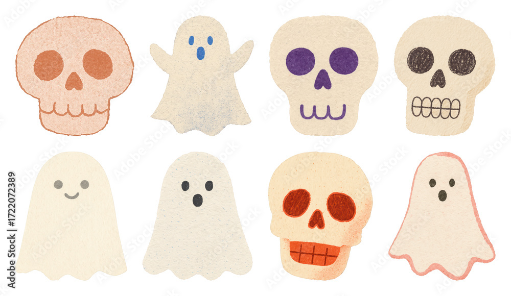 Fototapeta premium PNG Cute cartoon skull ghost illustrations, element set on transparent background