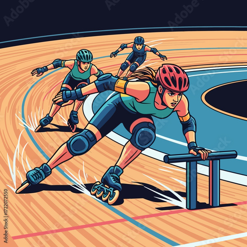 Roller derby team training hard at the rink with speed and agility, embodying strength and teamwork in a vibrant, dynamic display of athletic prowess
